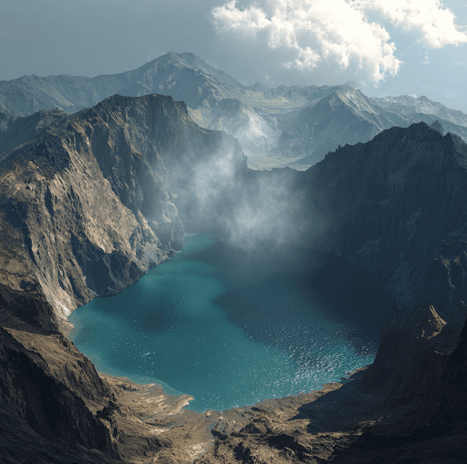 Depiction of a large unknown creature surfacing in China’s Lake Tianchi based on multi-witness reports.