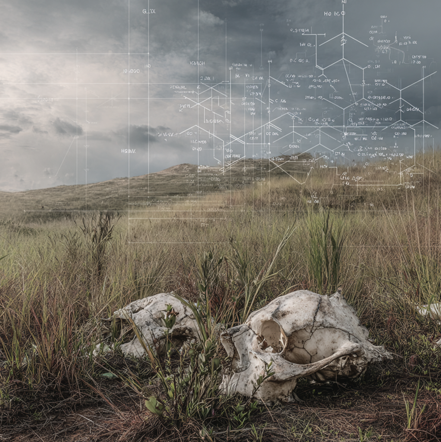 Lead masks on a grassy hillside with subtle chemical-diagram overlays, illustrating the forensic chemistry challenges of the Lead Mask Case.