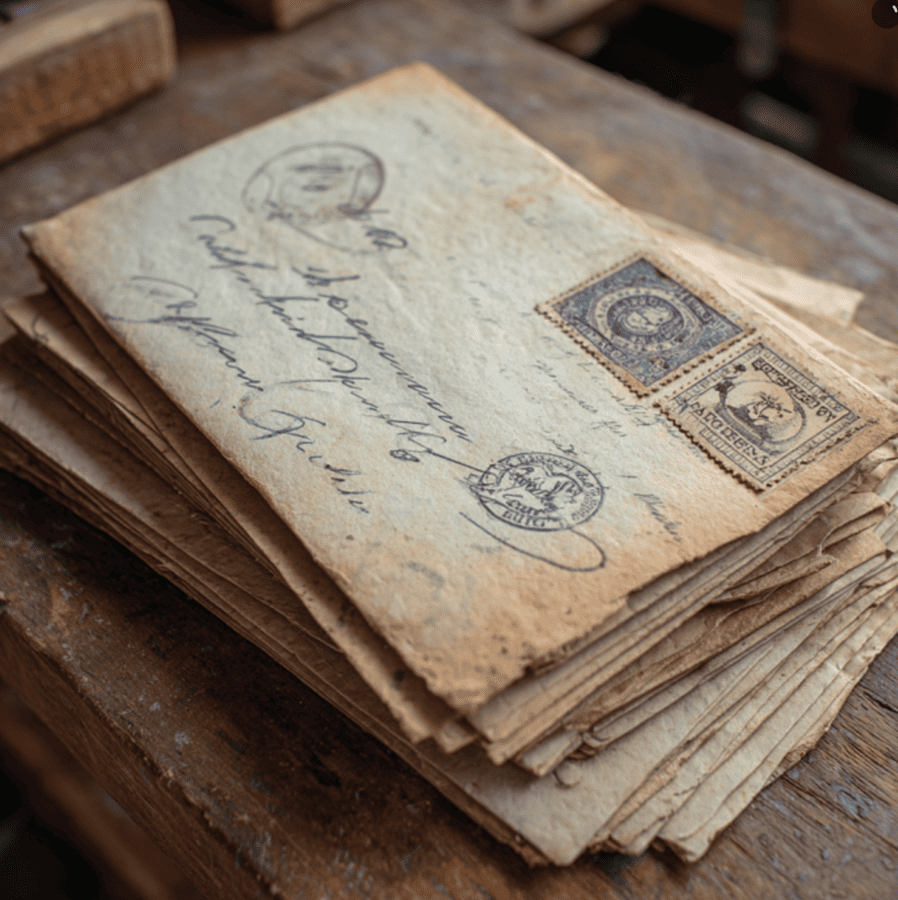 Envelopes bearing impossible future-dated postmarks, representing the mystery of letters arriving from decades ahead.