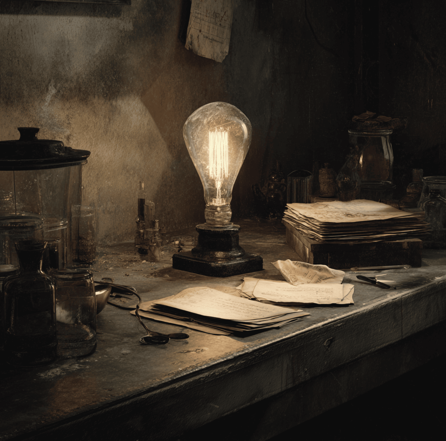 Early tungsten prototype lamp glowing on a workbench, representing the mystery of long-lasting “eternal light” bulbs.