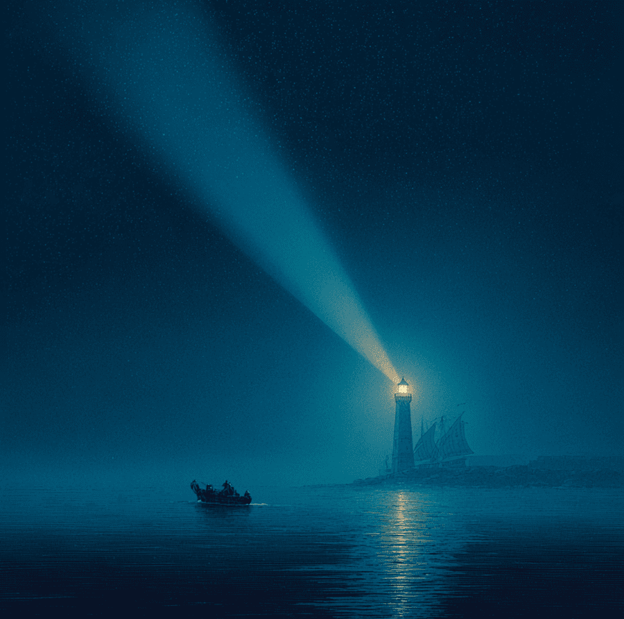 Glowing ship-shaped apparition on calm night sea near a lighthouse, representing the historic sighting of the “ship of light.”