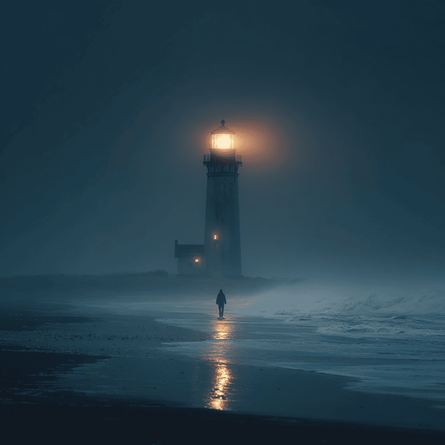 Fog-shrouded lighthouse with a faint ghostly figure in the lantern room, representing the legend of the Stanley Tower keeper.