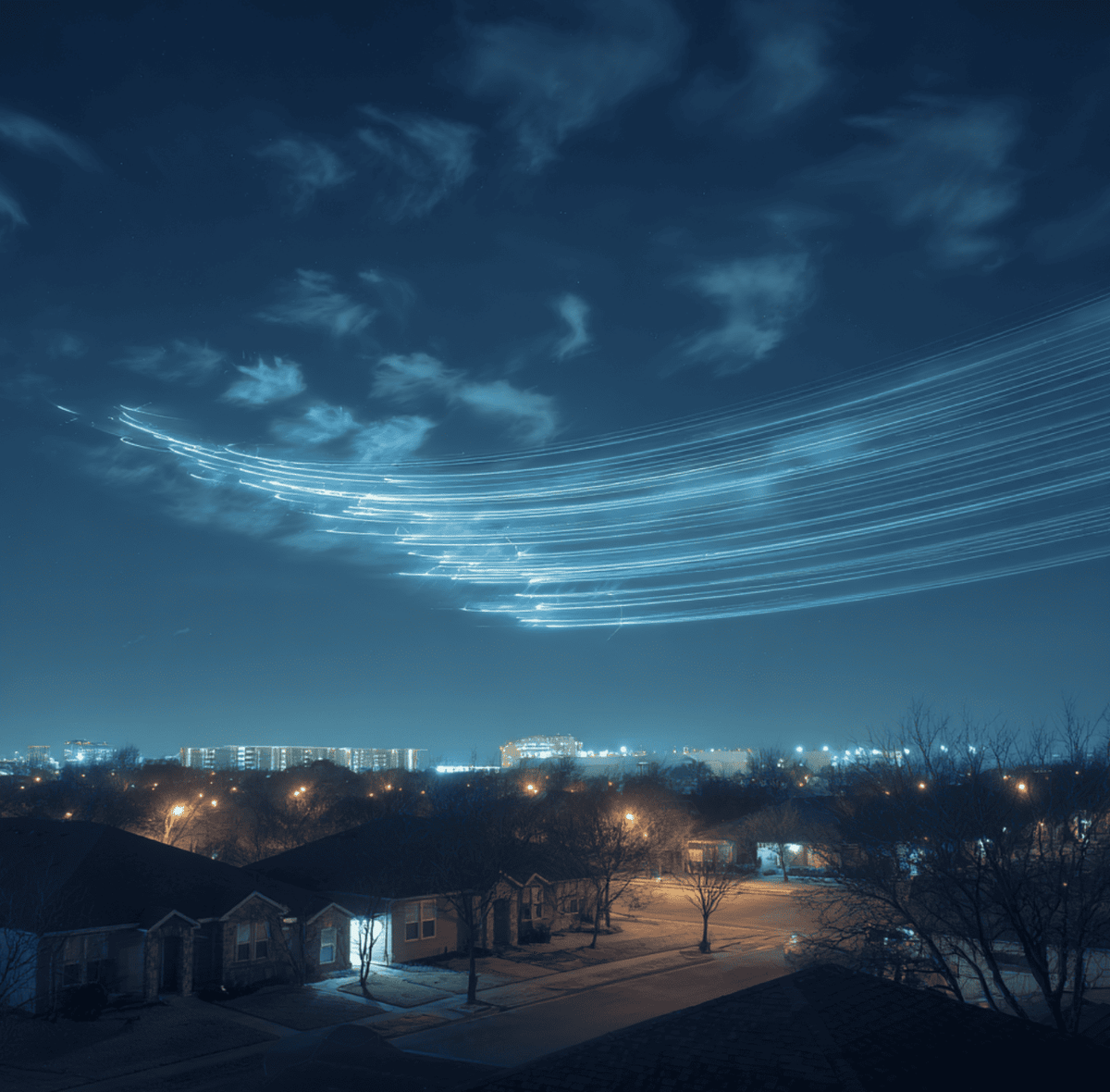 The Lubbock Lights UFO formation photographed in 1951 over Texas.