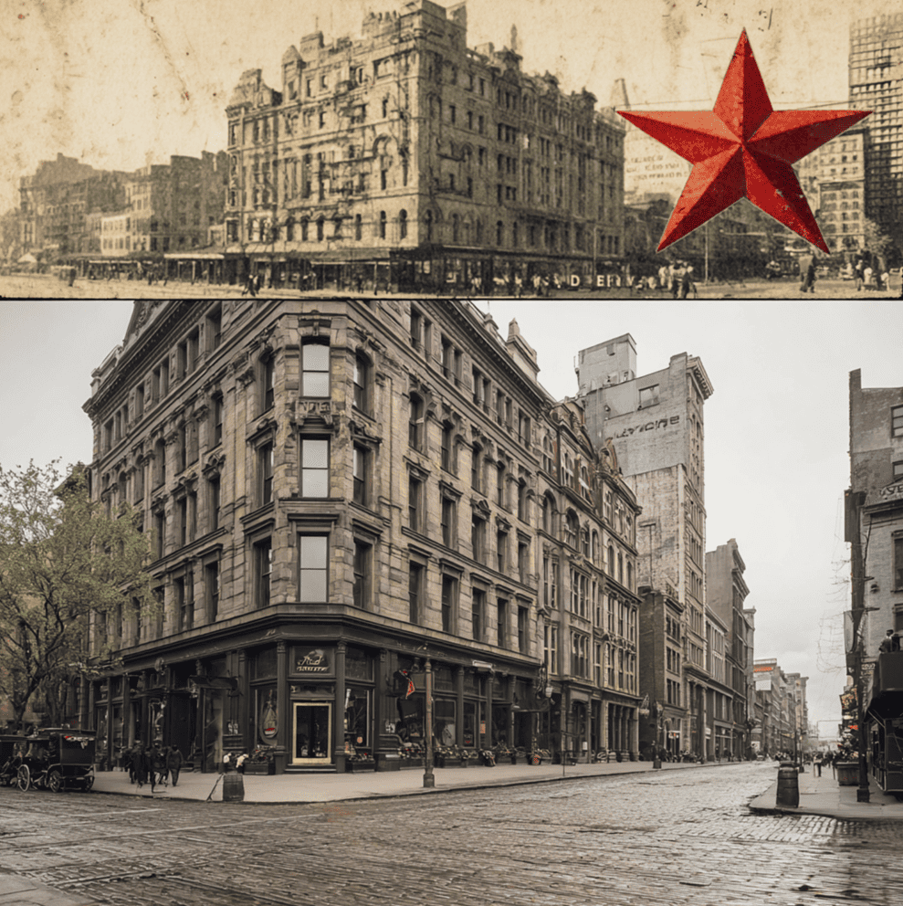 Historic R.H. Macy & Co. storefront contrasted with the modern Macy’s red star logo, illustrating the evolution of the department store’s name.