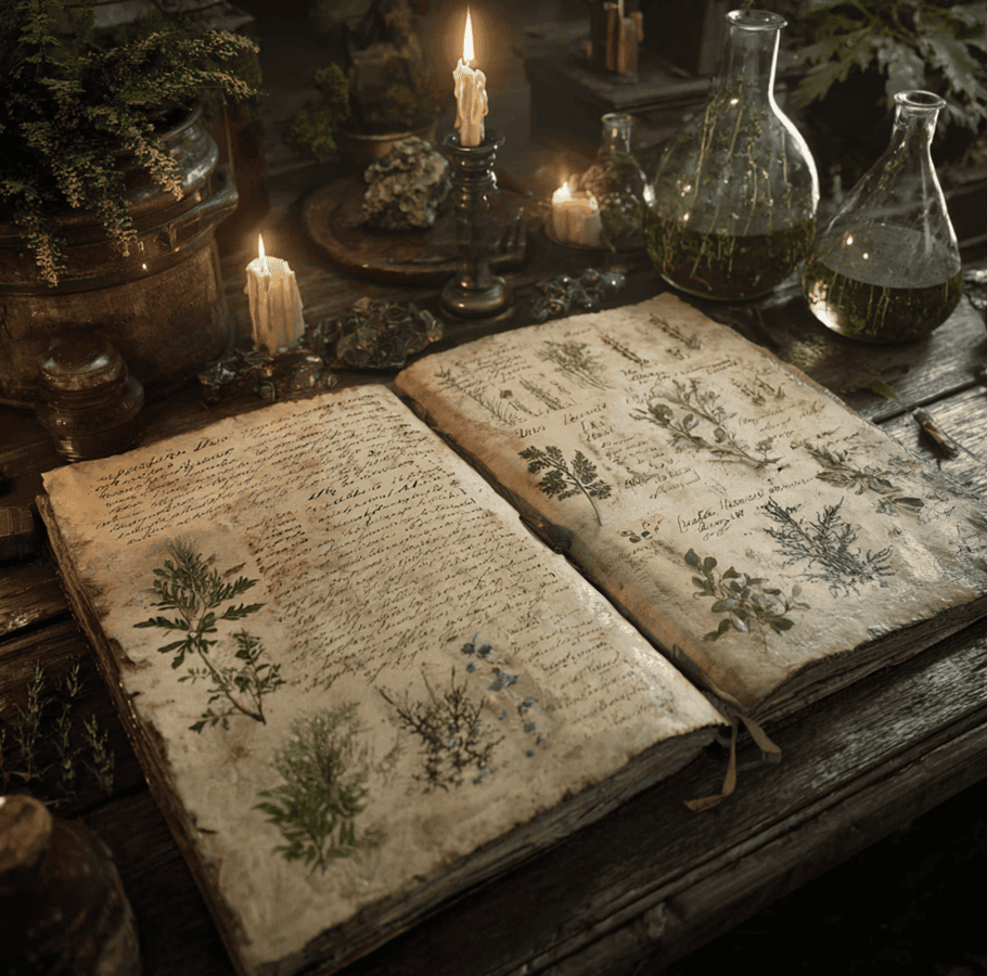 Open Voynich Manuscript showing strange plants and unknown handwritten script.