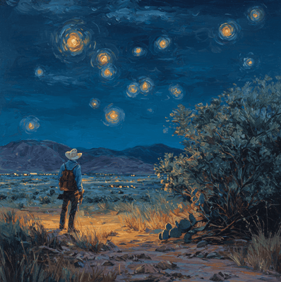 Close-range Marfa Lights drifting over Texas desert scrub at night.