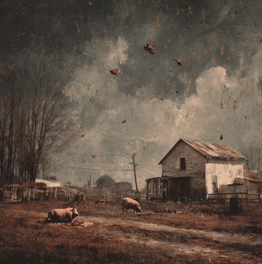 Illustration of the 1876 Kentucky Meat Shower with pieces of meat falling over a rural farm.