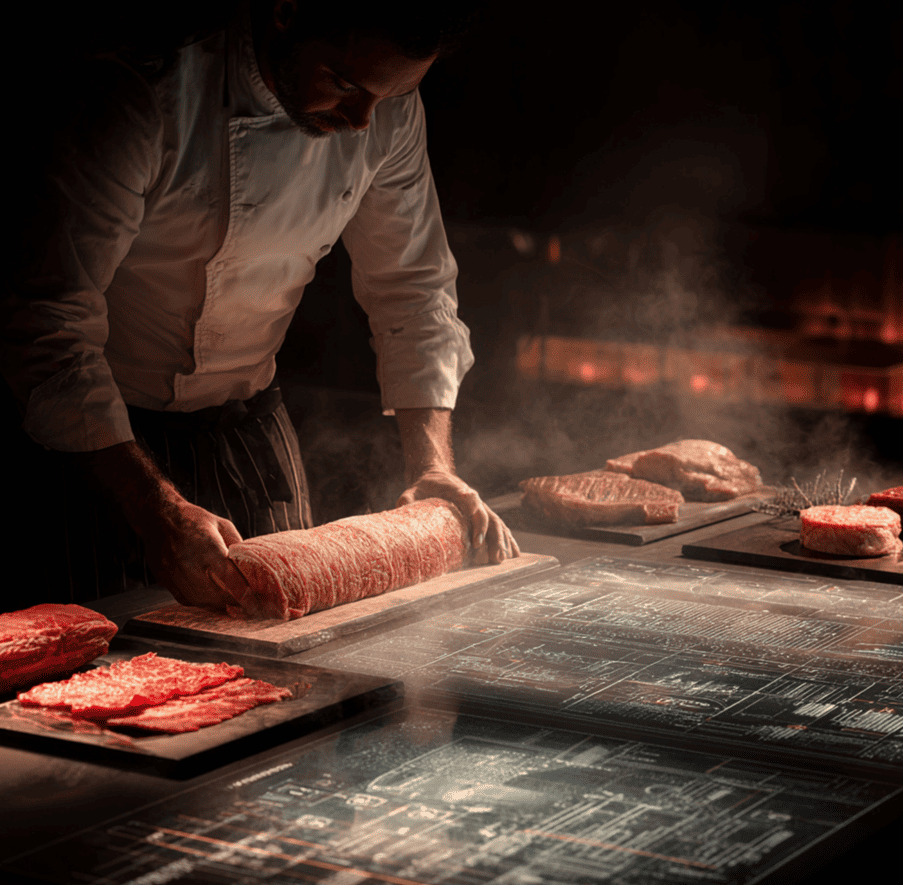 Close-up of a chef applying transglutaminase powder to merge two pieces of meat into a seamless cut, illustrating the science behind ‘meat glue.