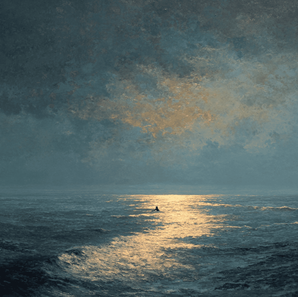 Silhouette of a mermaid like figure beneath the ocean surface at dusk, symbolizing the boundary between maritime reality and enduring sea legend.