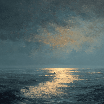 Silhouette of a mermaid like figure beneath the ocean surface at dusk, symbolizing the boundary between maritime reality and enduring sea legend.