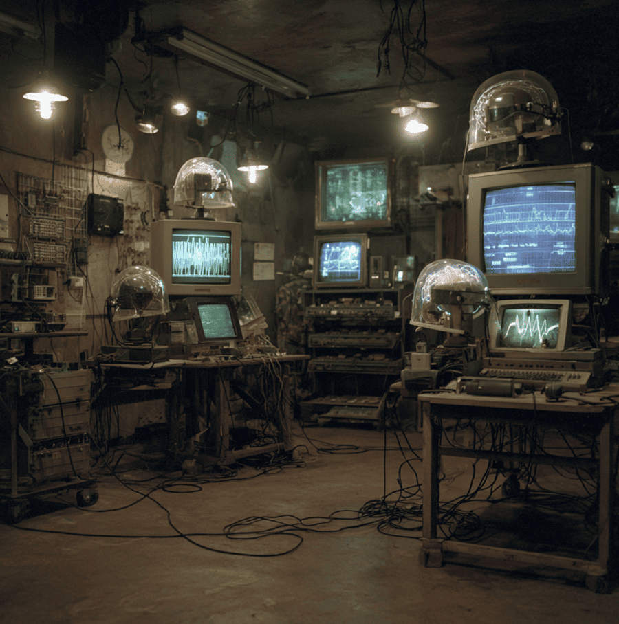 Prototype military EEG helmet connected to computer monitors, representing the Pentagon’s abandoned “Thought Routing” project.