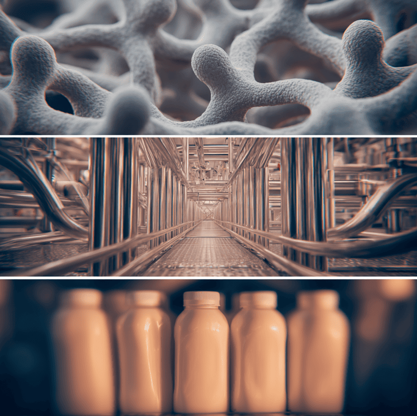 Microscopic view of unfolded milk proteins alongside a UHT processing line, illustrating how shelf-stable milk is transformed under extreme heat.