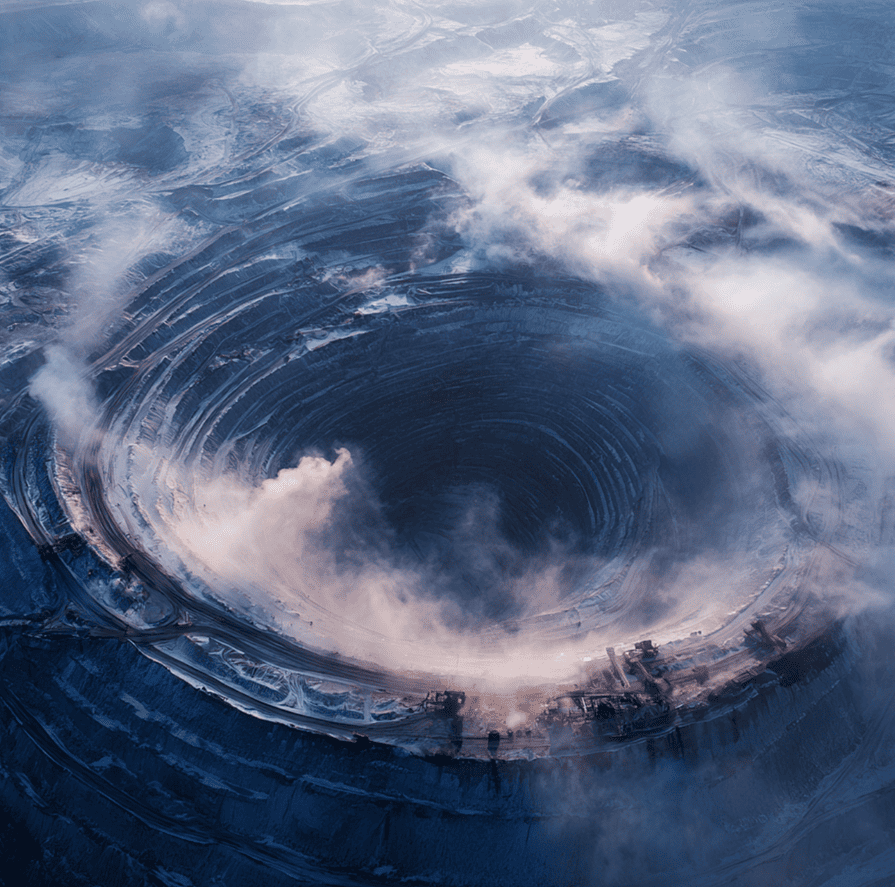 Aerial photo of the massive Mirny Diamond Mine pit, showing the depth and shape linked to dangerous downdrafts and whirlwinds.
