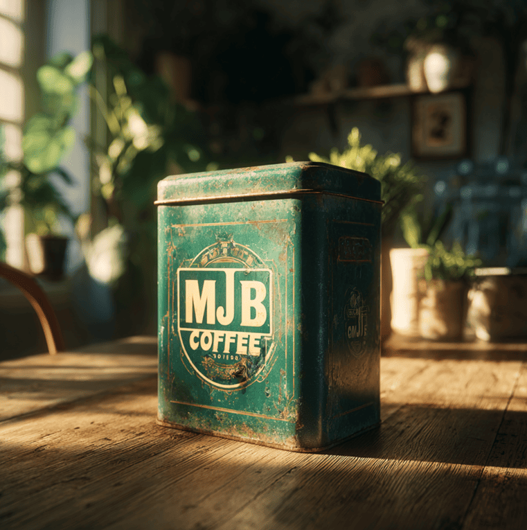 Vintage MJB Coffee green tin on a wooden table representing the historic West Coast coffee brand.