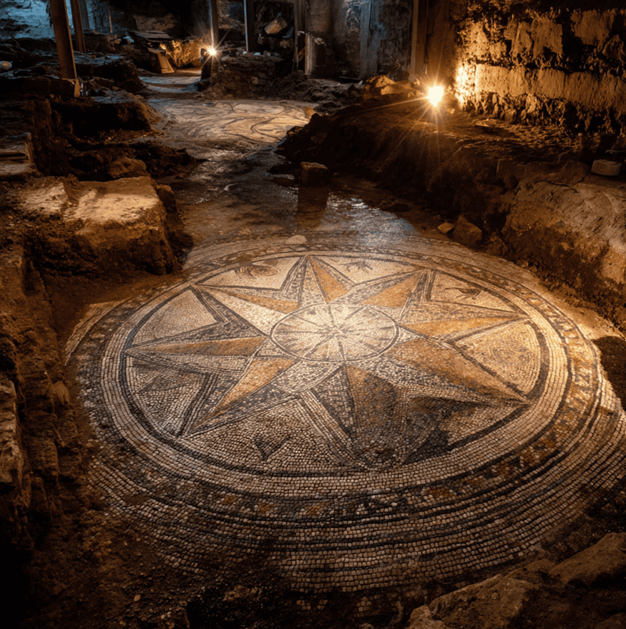 Roman mosaic fragment depicting a star cluster resembling a later constellation, surrounded by faint shield and eagle imagery.