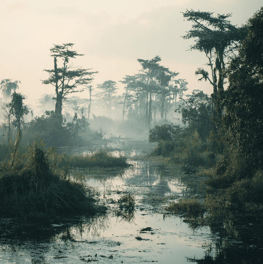 Misty Congo swamp with a faint long-necked silhouette in the water, representing the Mokele-Mbembe cryptid expeditions.