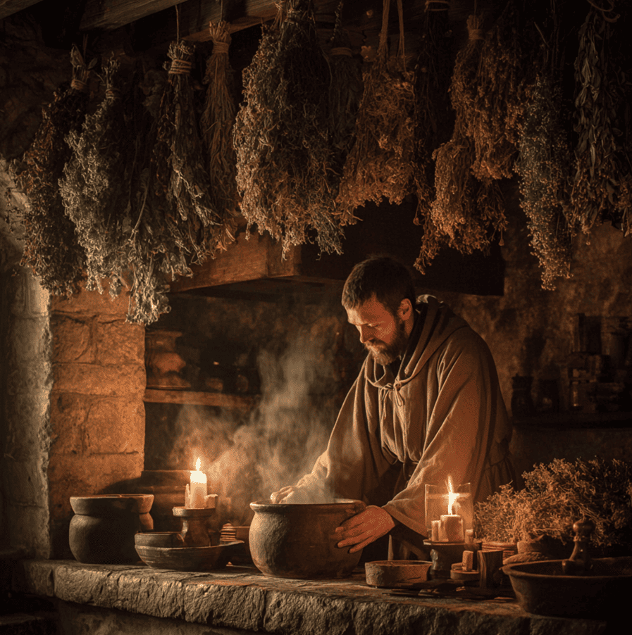 Medieval monks preparing a stimulant-rich herbal tonic, considered the world’s first energy drink