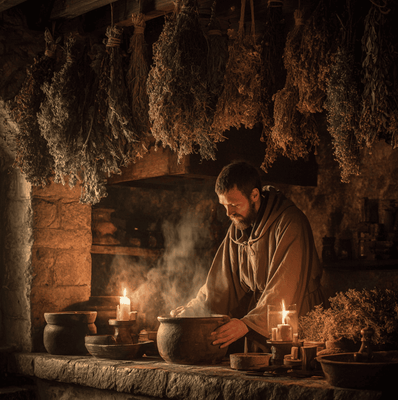 Medieval monks preparing a stimulant-rich herbal tonic, considered the world’s first energy drink