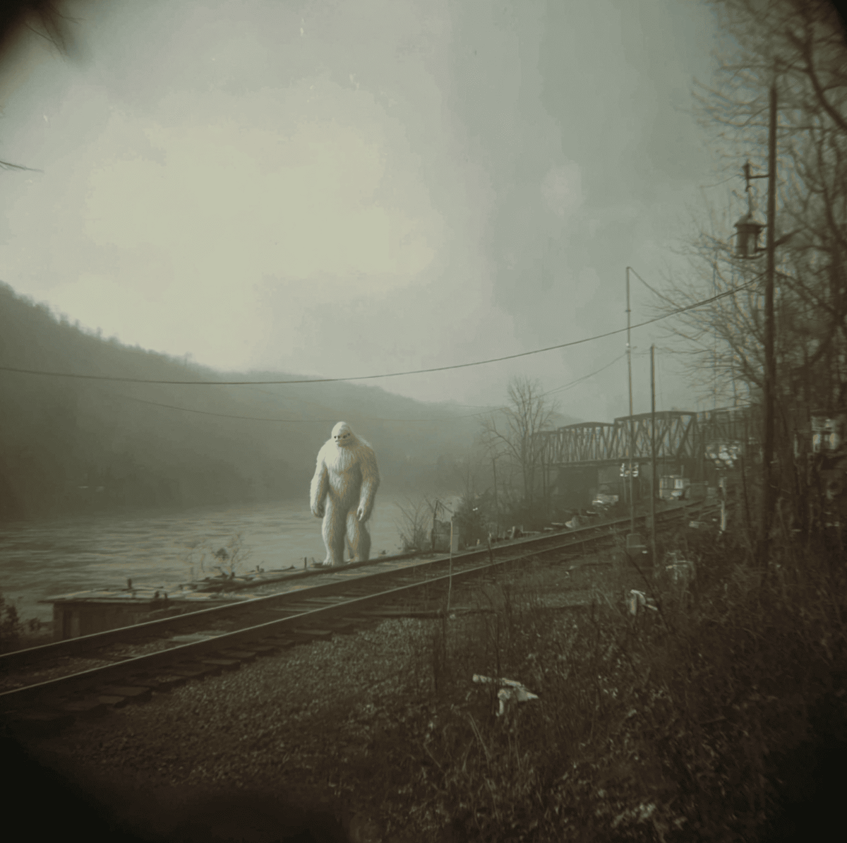 Depiction of the pale, headless Grafton Monster near the Tygart River as reported in 1964 newspapers and radio accounts.