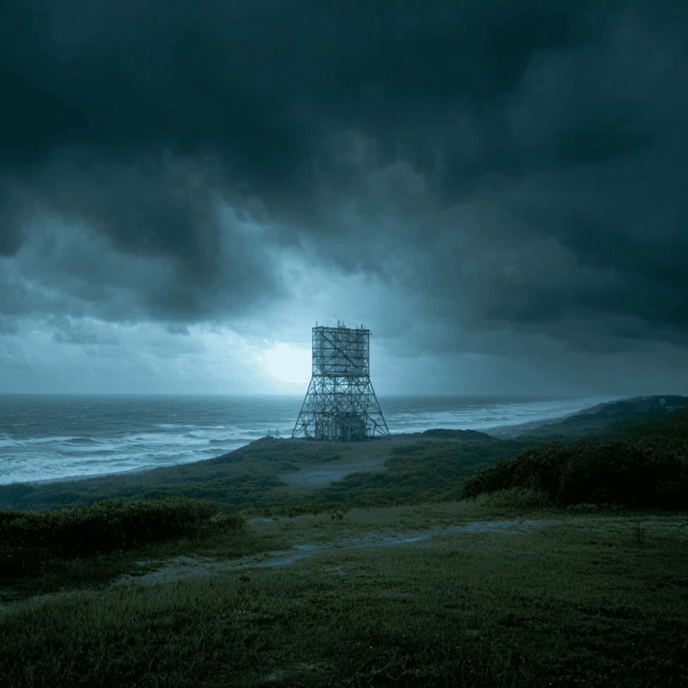 Montauk’s Cold War radar tower overlooking the ocean, tied to the Montauk Project legend.