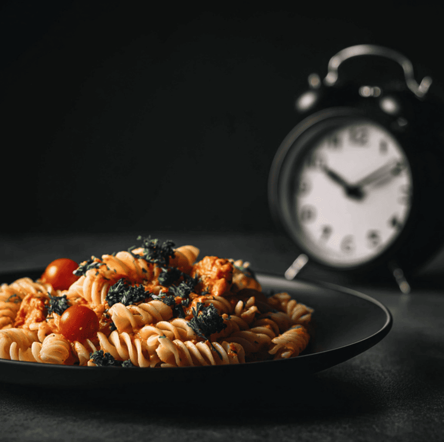 Plate of carbohydrate-rich food beside a clock, representing carb timing myths in nutrition