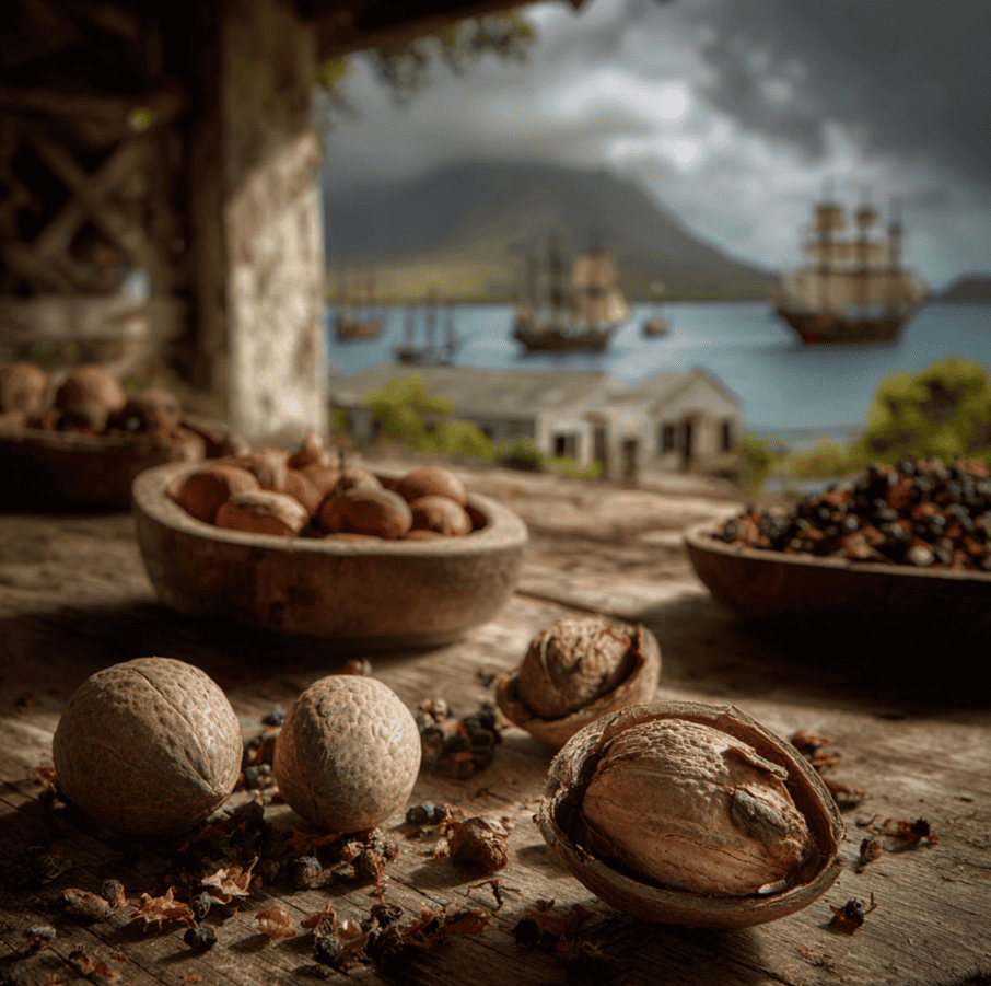 Nutmeg fruit and seed in the Banda Islands, center of the colonial conflict that sparked a 17th-century war.