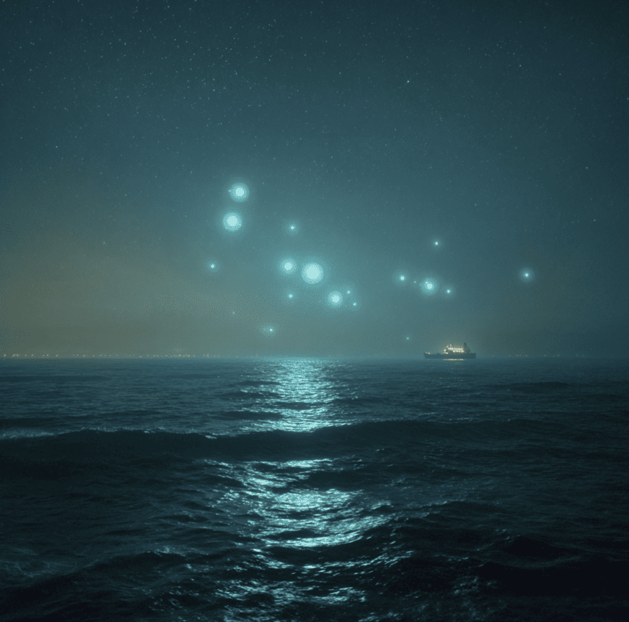 Glowing orbs hovering above the dark ocean, inspired by real maritime mystery light sightings