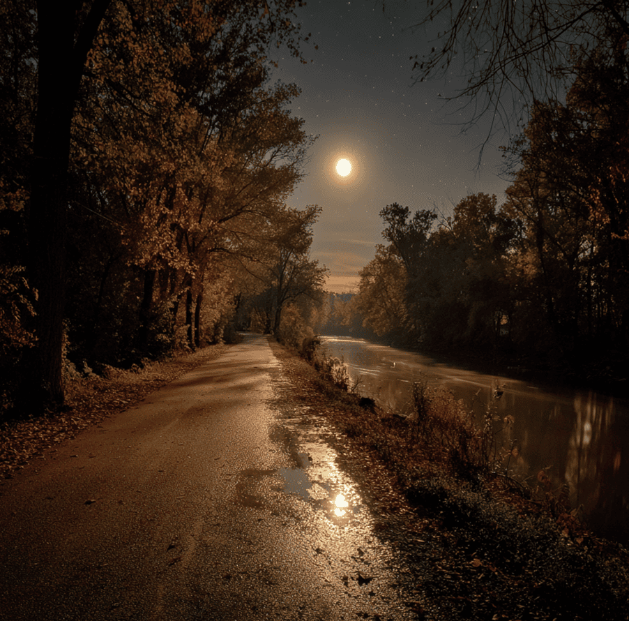 Nighttime Ohio roadside near the Little Miami River with a faint frog-like figure in police headlights, referencing the Loveland Frogman interviews.