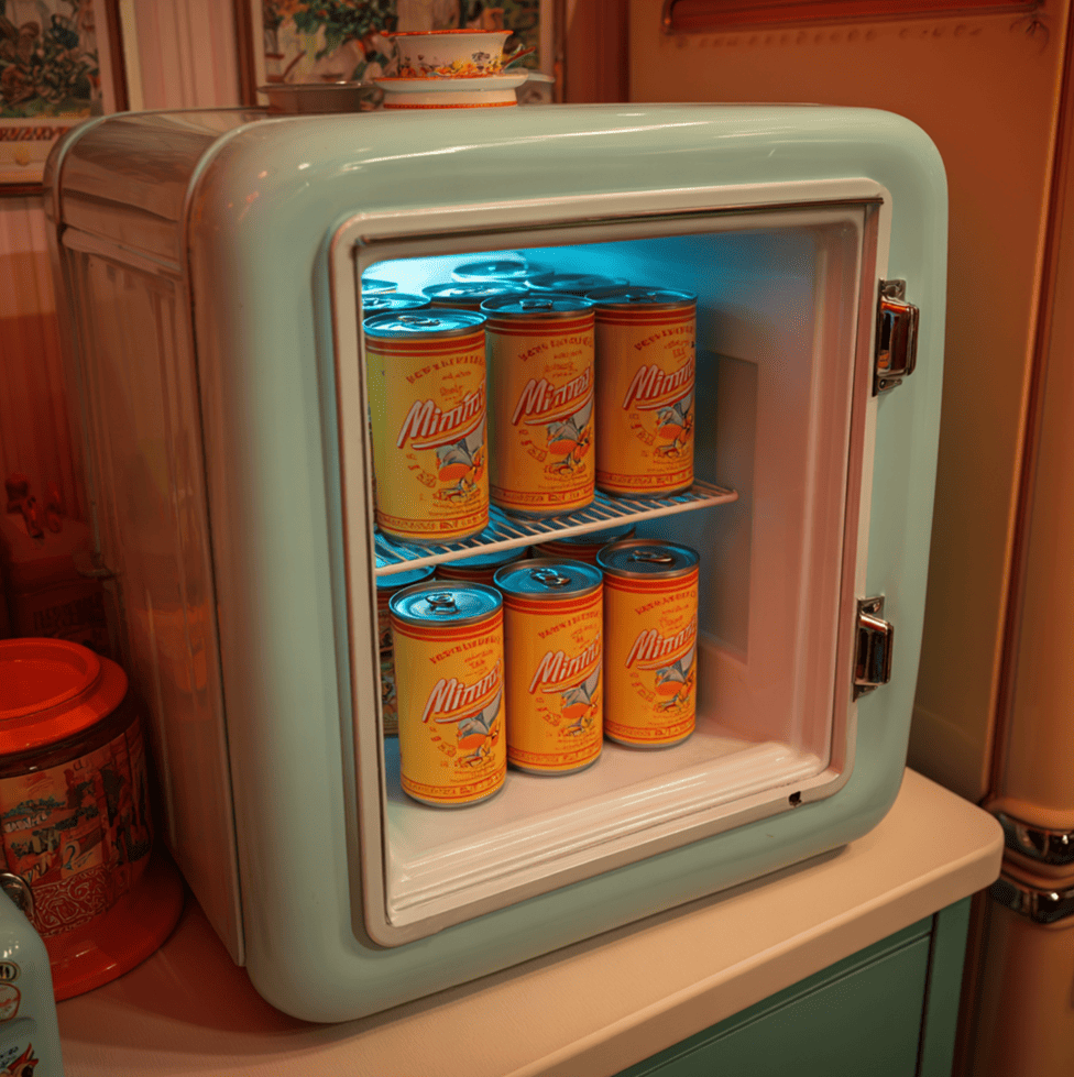1950s frozen orange juice brands Minute Maid and Donald Duck displayed in a vintage supermarket freezer