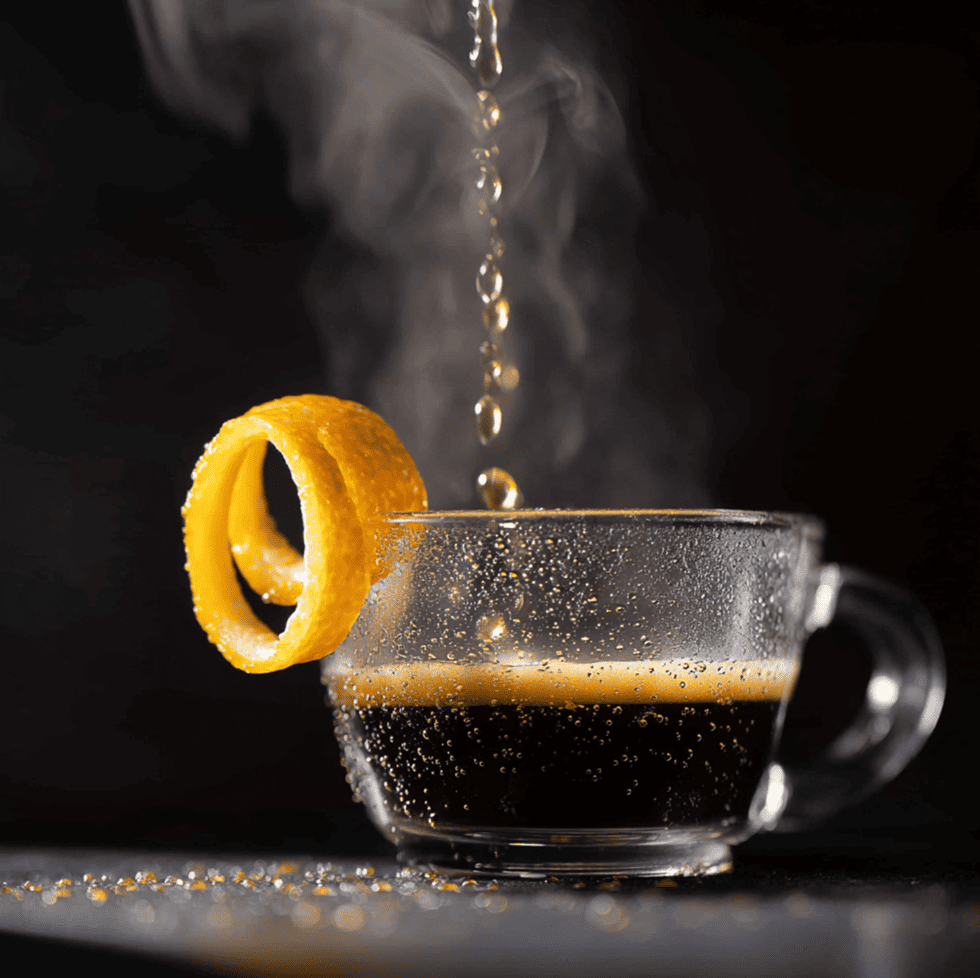 Espresso with an orange or lemon twist showing aromatic oils on the surface, illustrating how citrus interacts with coffee through shared esters.