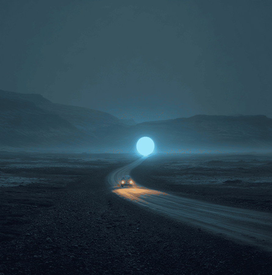 Soft blue floating orb beside a car on a dark Icelandic road, representing the mysterious Skuggi Lights sightings.