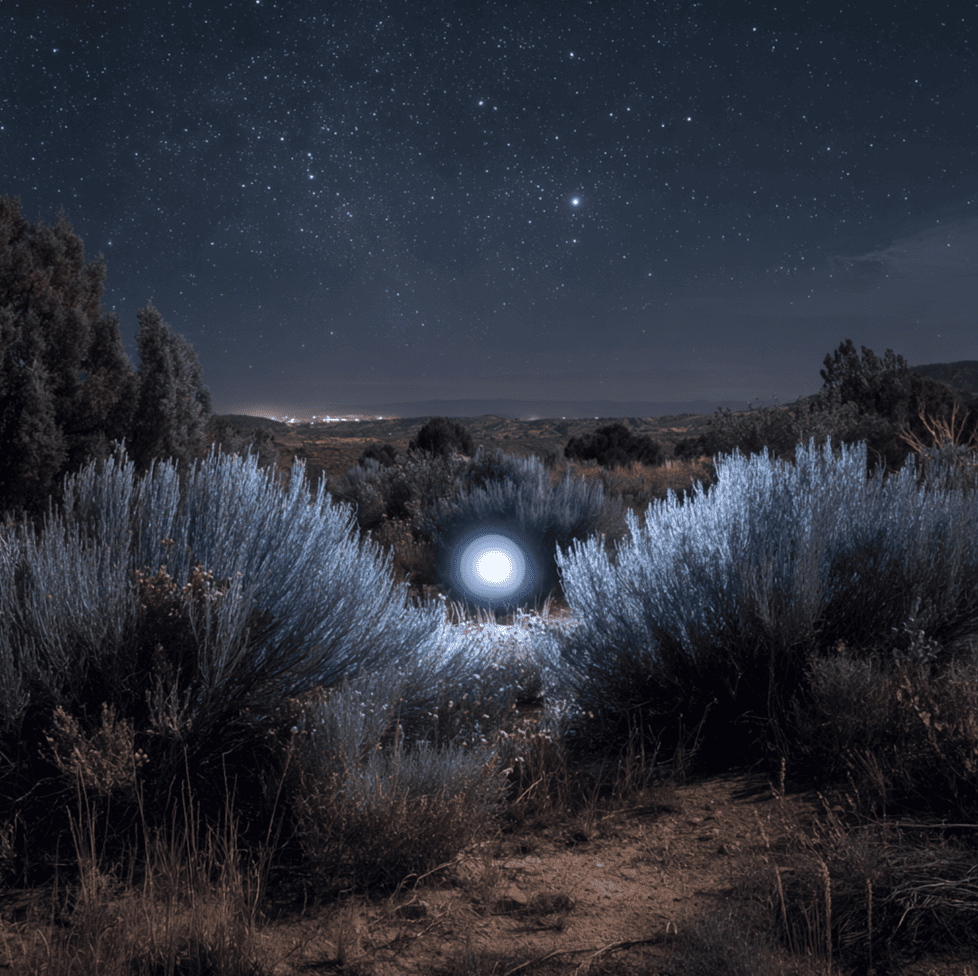 Glowing orb drifting across a dark New Mexico desert, representing the mystery of the Coyote Lights