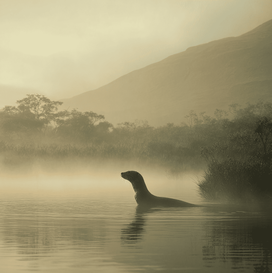 Depiction of the Dobhar-Chú emerging from an Irish lake, inspired by Glenade water hound legends