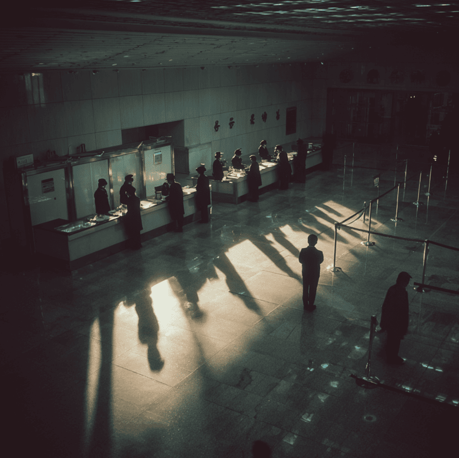 Pyongyang Sunan–style airport checkpoint representing the moment Otto Warmbier was detained by North Korean officials.