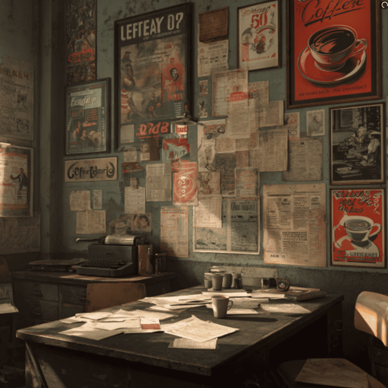 Vintage office scene with abandoned Pan American Coffee Bureau files and coffee advertising posters.