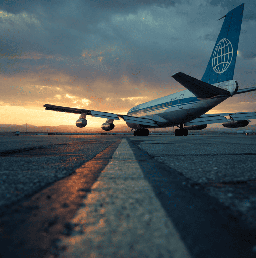 Vintage Pan Am airplane at sunset representing the decline and bankruptcy of the iconic airline.