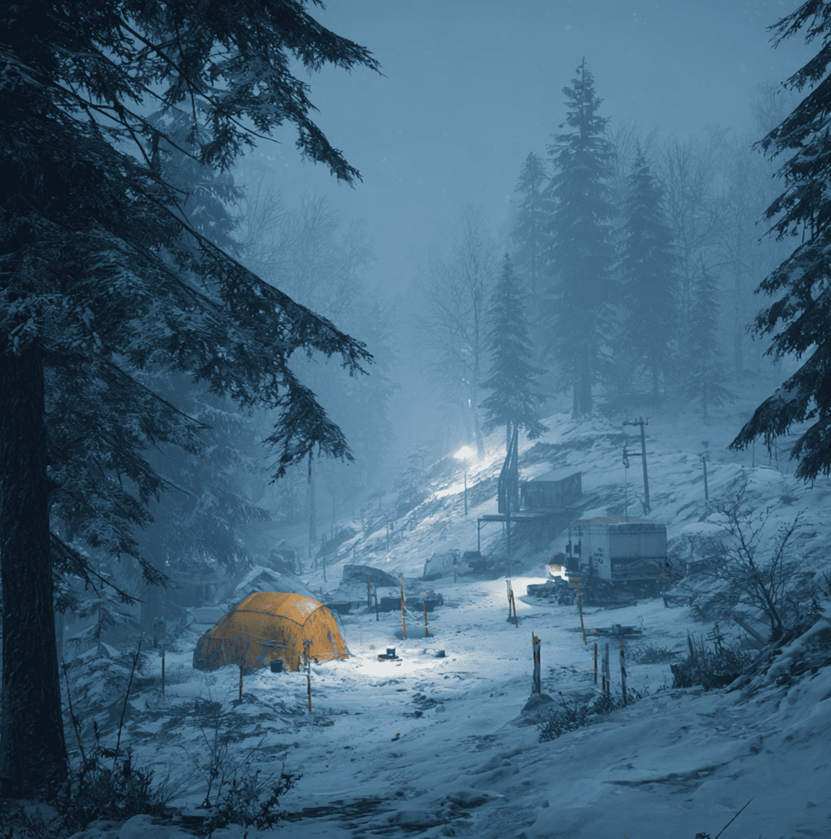 Dyatlov Pass campsite area with radiation testing markers referencing the unexplained radiological evidence.