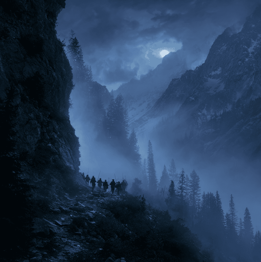 Illustration of a ghostly brass band emerging from mist in a moonlit mountain pass, representing the Rawlings Pass mystery.