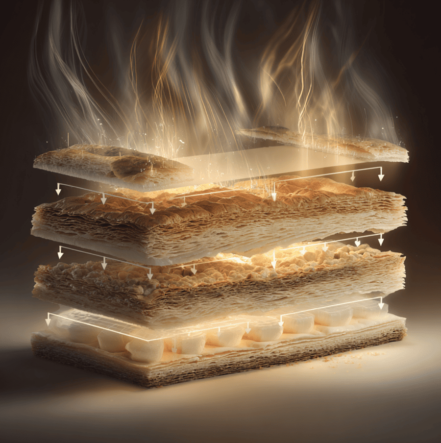 Cross-section of laminated pastry showing steam expansion lifting layers, illustrating the aerodynamics behind flaky pastry.