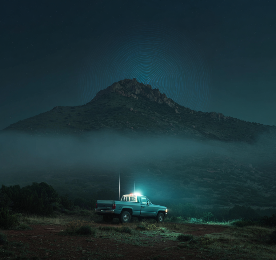 Angels Peak at night with a CB radio glowing, representing the unexplained 1987 radio transmissions