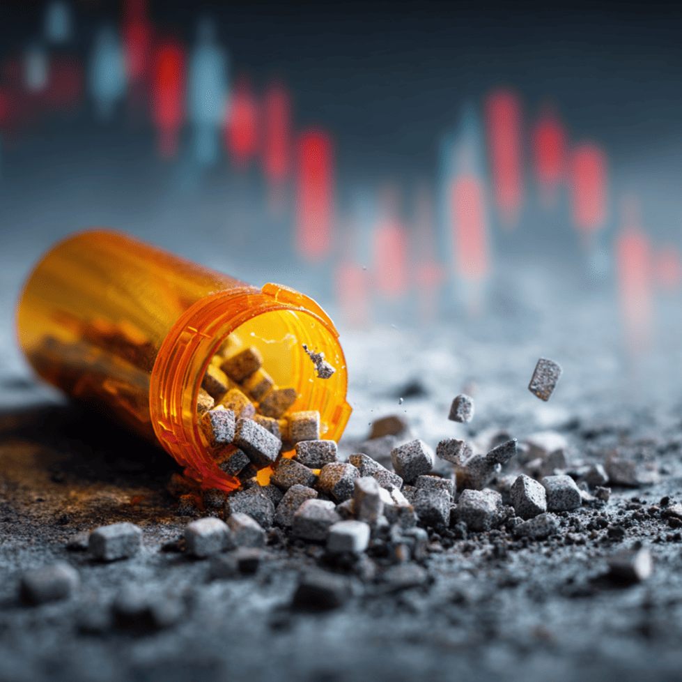 Broken pill bottle over a declining stock chart representing the collapse of Valeant Pharmaceuticals.