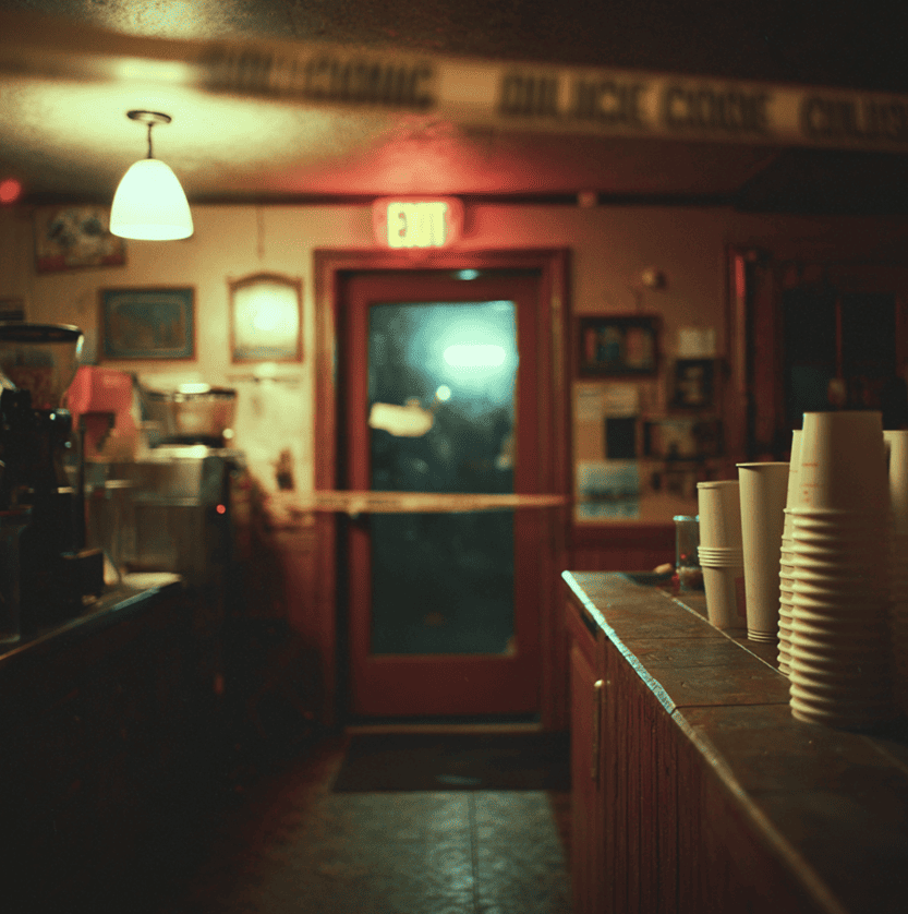Interior of a quiet coffee shop with crime-scene markers on the floor, referencing the Philips Coffee Shop murder investigation.
