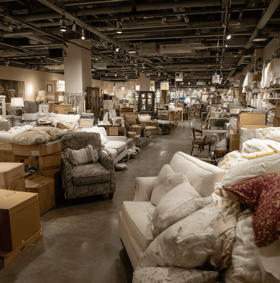 Pier 1 Imports store interior crowded with home décor items, representing the inventory problems that fueled the company’s collapse