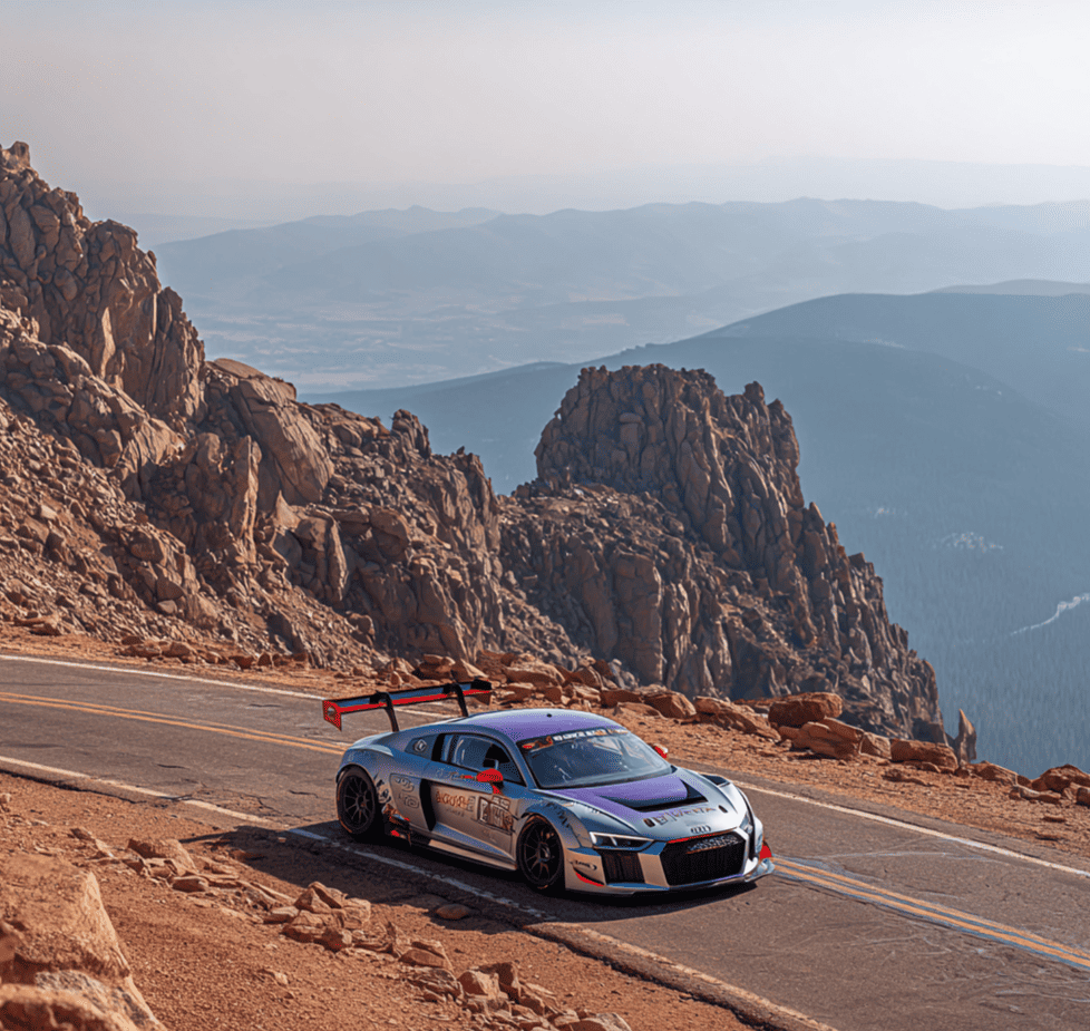 Race car ascending Pikes Peak during the famous Race to the Clouds hill climb