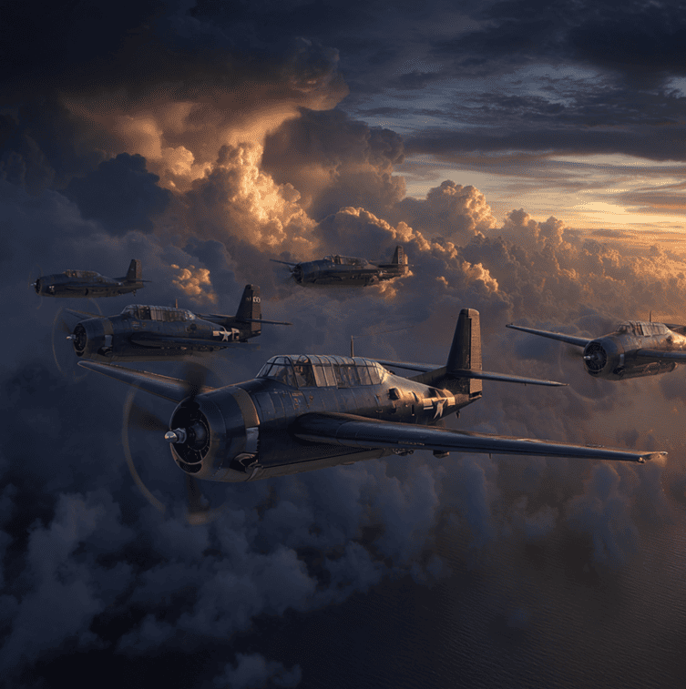 Illustration of Flight 19’s TBM Avenger aircraft flying over the ocean before disappearing.