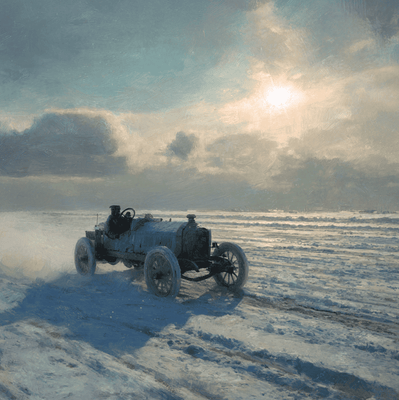 Historic depiction of the Thomas Flyer, the 1908 New York–Paris Race winner, whose original vehicle later disappeared