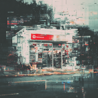 RadioShack storefront transitioning into meme-style digital graphics representing its bizarre online rebrand