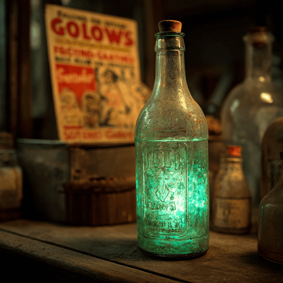 A glowing vintage soda bottle resembling early twentieth century radium drinks, representing America’s radioactive beverage craze.