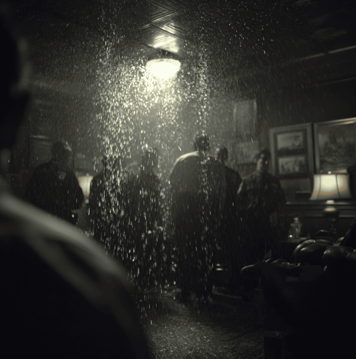 Indoor rain forming mysteriously in a room, representing the 1980 Don Decker “Rain Man” case.