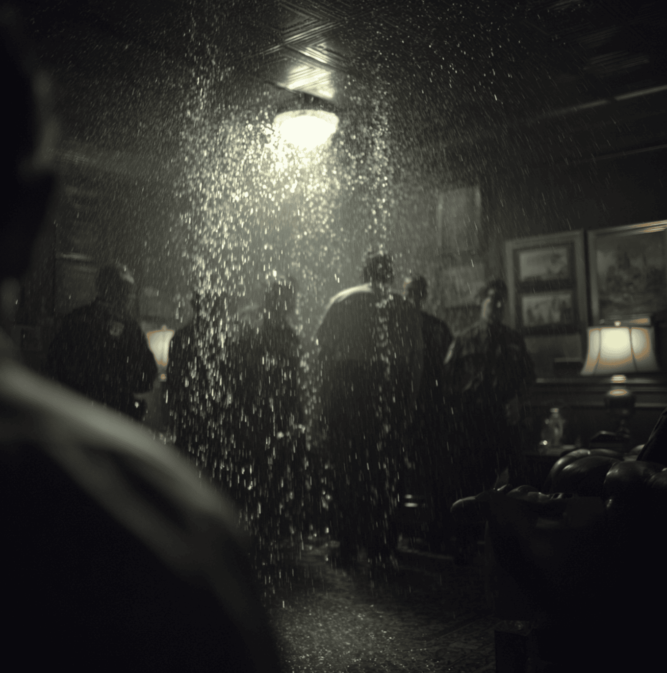 Indoor rain forming mysteriously in a room, representing the 1980 Don Decker “Rain Man” case.